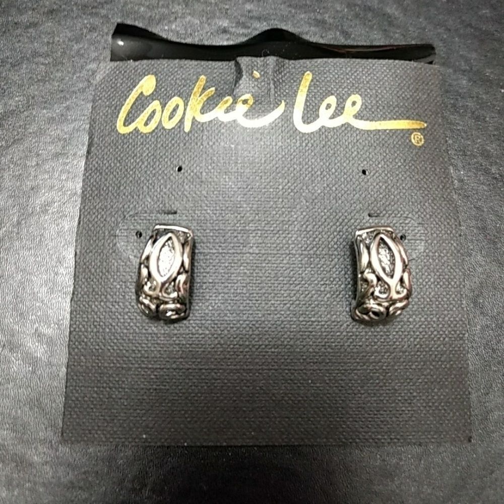 Cookie Lee silver tone textured half hoop earrings